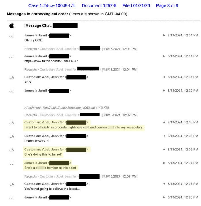 Text message exchange revealing British actress Jameela Jamil insulting Blake Lively, with some text redacted.