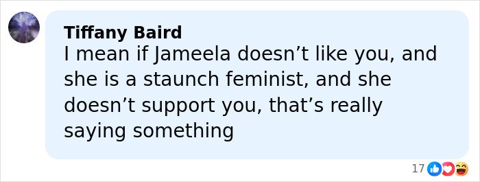 Screenshot of a social media comment discussing British actress Jameela Jamil’s critical view of Blake Lively.