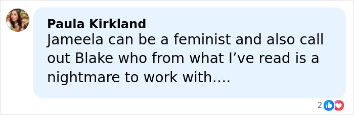 Comment by Paula Kirkland discussing British actress Jameela Jamil calling out villain Blake Lively in revealed texts.