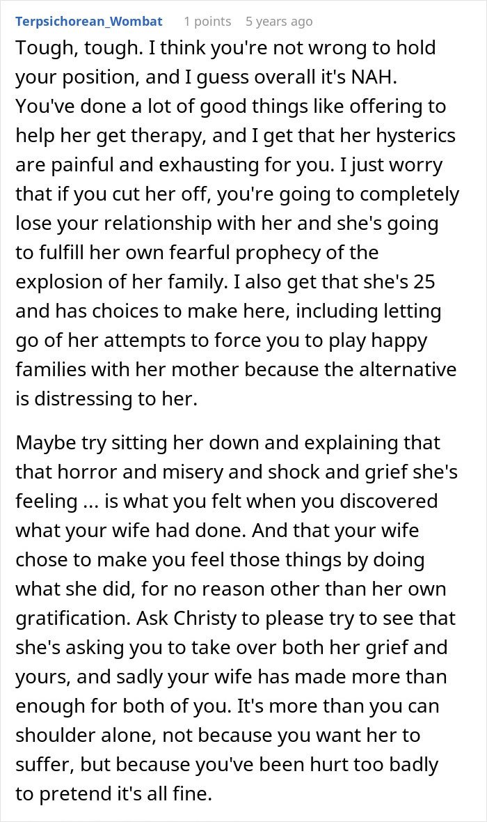 Comment discussing a dad feeling guilty for distancing himself from daughter during a messy divorce and the heartbreaking truth revealed.