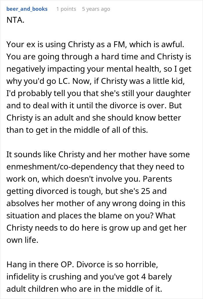 Screenshot of a Reddit comment discussing a dad feeling guilty and distancing himself from daughter during a messy divorce.