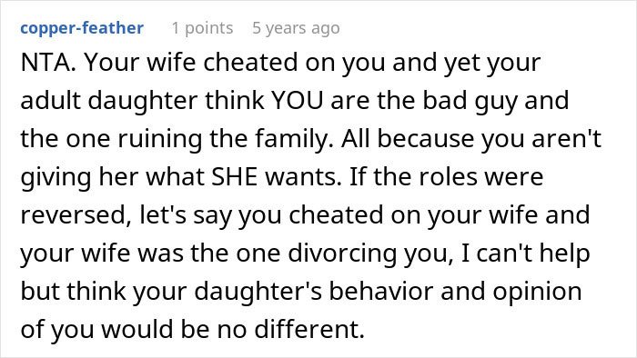 Comment discussing dad feeling guilty for distancing from daughter during messy divorce, revealing heartbreaking family struggles.