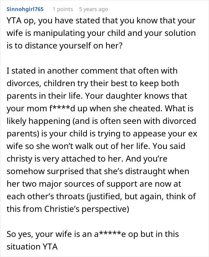 Reddit comment discussing a dad feeling guilty for distancing from daughter amidst messy divorce and uncovering heartbreaking truth.
