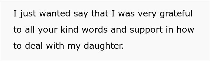 Text expressing gratitude for kind words and support in dealing with daughter during messy divorce and feelings of guilt.