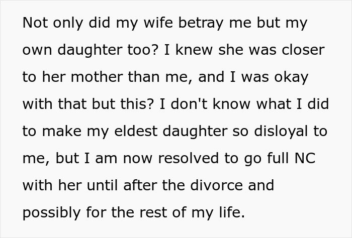 Text expressing a dad&rsquo;s guilt over distancing himself from his daughter during a messy divorce amid feelings of disloyalty and betrayal.