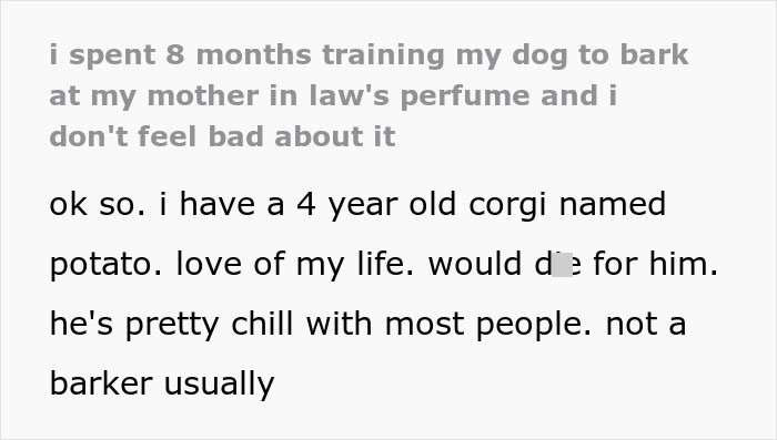 Text post about training a dog to bark at mother-in-law’s perfume, highlighting MIL runs to the priest after son-in-law’s revenge.