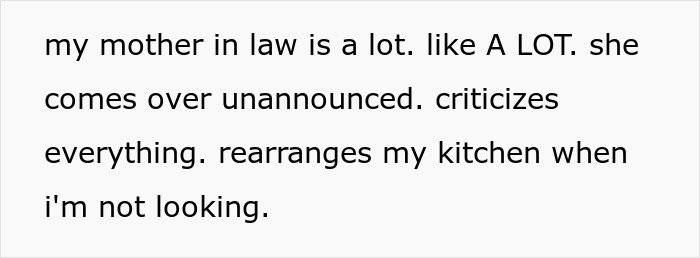 Text on white background describing a mother-in-law who visits unannounced, criticizes everything, and rearranges the kitchen unnoticed.