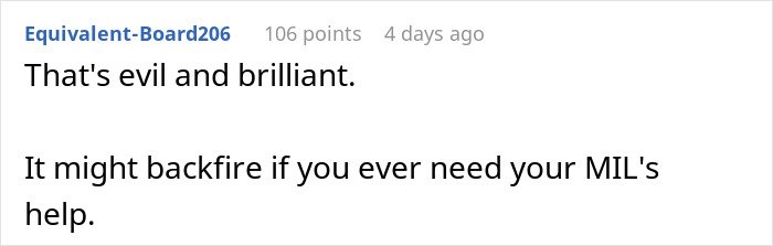 Screenshot of a comment discussing MIL running to the priest after son-in-law’s revenge, highlighting a funny and clever situation.