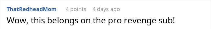 Comment by ThatRedheadMom expressing surprise and suggesting the post belongs on a pro revenge subreddit forum.