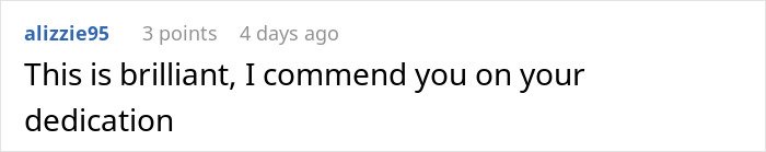 Comment praising dedication, posted by user alizzie95 with 3 points, shared 4 days ago on a forum thread.