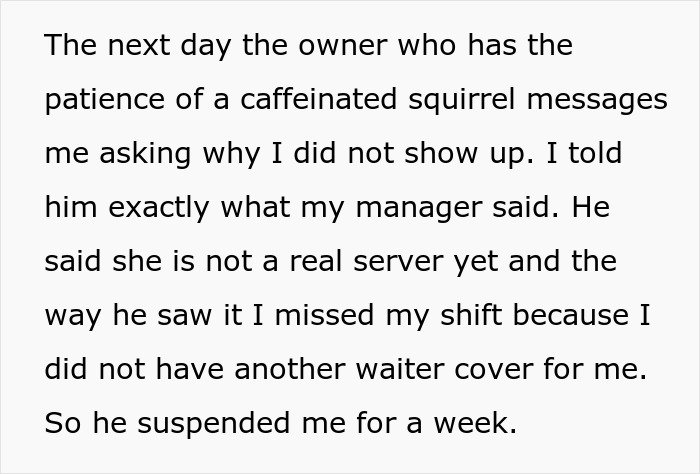 Text excerpt showing a boss suspending a waiter for missing a shift due to lack of coverage, illustrating a lesson.