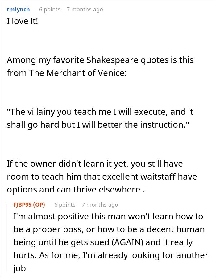 Screenshot of a conversation discussing how a boss suspends a waiter to teach him a lesson and reflects on the outcome.