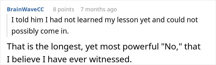 Screenshot of a forum comment discussing a powerful refusal related to a boss suspending a waiter to teach him a lesson.