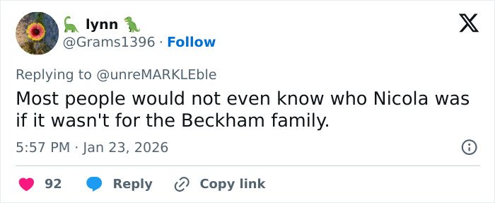 Social media user commenting on Nicola Peltz and Victoria Beckham feud, highlighting tense exchange and viral reaction.