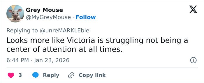 Tweet by Grey Mouse discussing Victoria Beckham and Nicola Peltz tense exchange amid viral feud on social media.