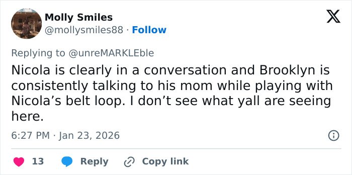 Tweet text discussing Nicola Peltz and Brooklyn in a conversation amid tense exchange and viral feud with Victoria Beckham.