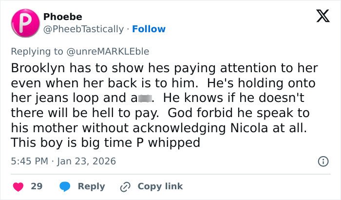 Tweet discussion about tense exchange between Victoria Beckham and Nicola Peltz amid ongoing brat feud.
