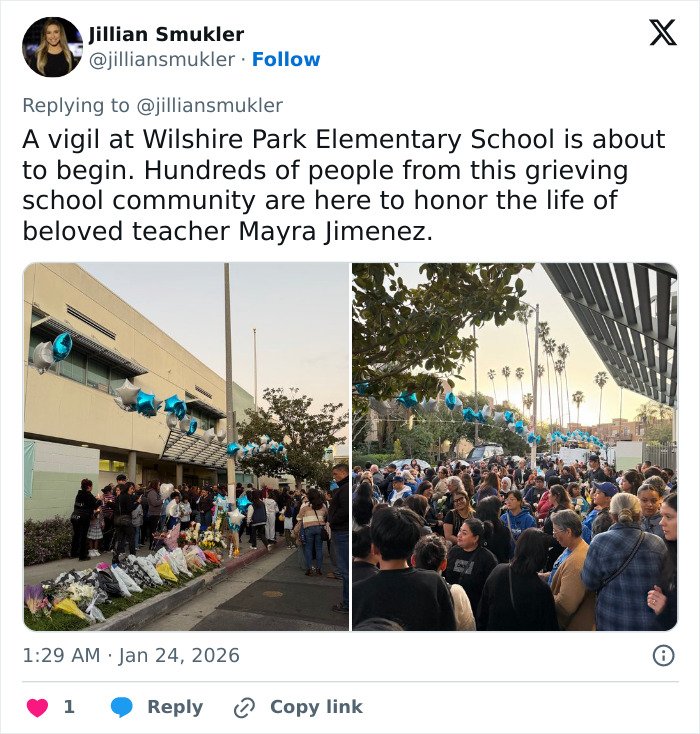Crowd gathers at Wilshire Park Elementary for vigil honoring teacher’s life after explosive diary affair discovery.