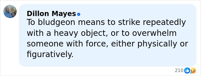 Social media post explaining the meaning of bludgeon, related to force, fitting Teacher’s Life Ends after affair discovered context.