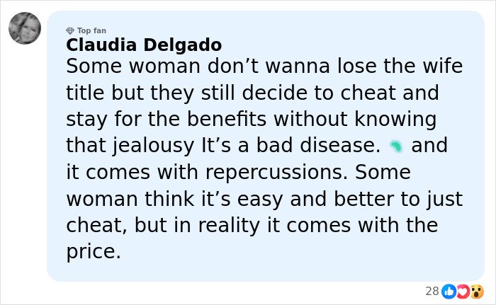 Comment from Claudia Delgado addressing consequences of affair and jealousy, related to teacher’s life and explosive diary discovery.