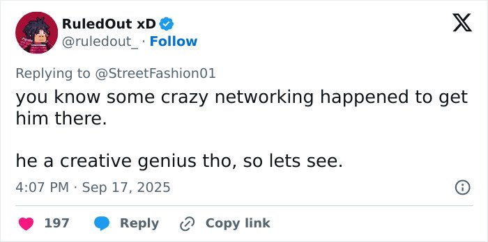 Tweet from RuledOut xD replying about Jaden Smith’s creative debut in Christian Louboutin collection amid internet roasts.