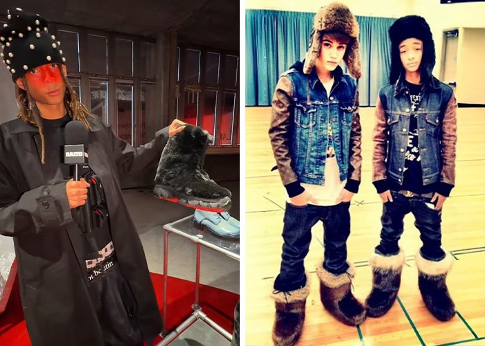 Young men wearing fur-lined boots and winter hats showcasing Christian Louboutin fashion amid internet reactions to Black Brooklyn Beckham.