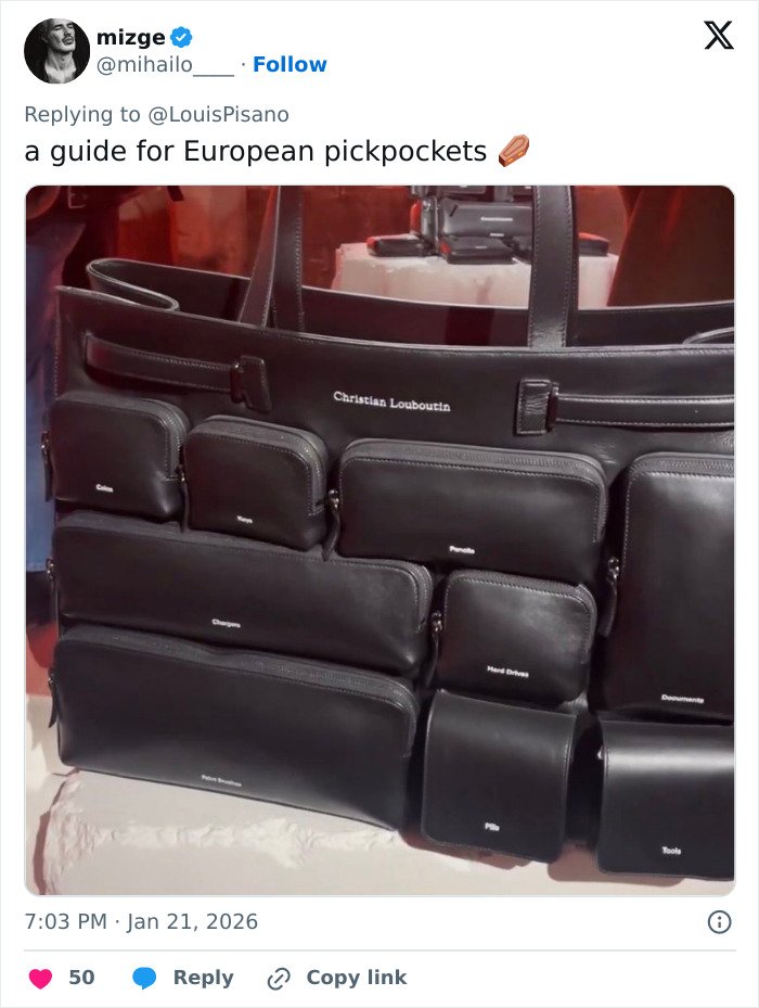Black Brooklyn Beckham Christian Louboutin collection featuring multiple labeled black leather pouches and bags arranged on display.