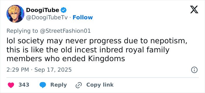 Tweet from DoogiTube discussing nepotism and society, referenced in context of Black Brooklyn Beckham and Jaden Smith's Louboutin collection.