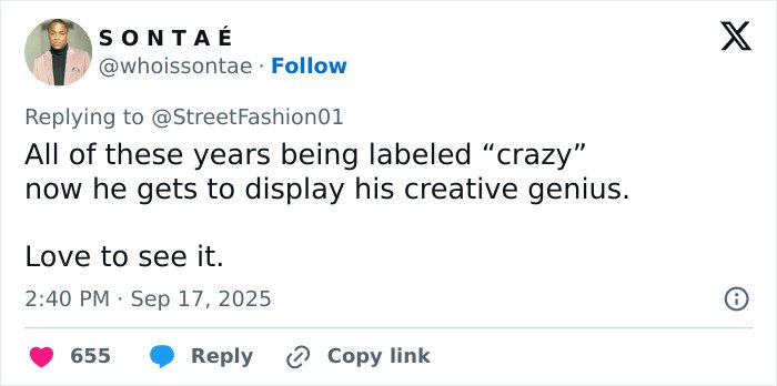 Social media comment praising creative genius amid Black Brooklyn Beckham and Jaden Smith Christian Louboutin collection debate.