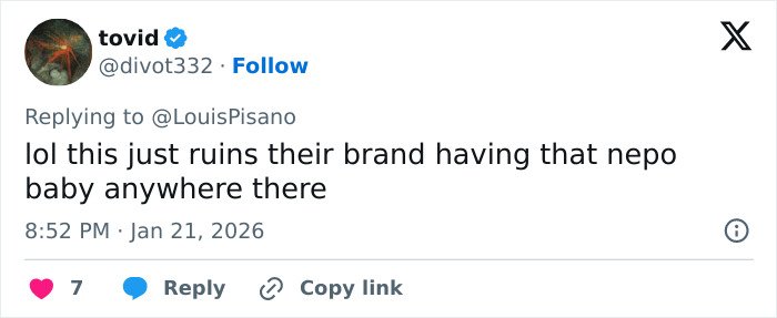 Screenshot of a tweet criticizing Jaden Smith, mentioning nepo baby and its impact on the brand image.