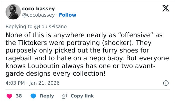 User coco bassey responding to criticism about Jaden Smith’s Christian Louboutin collection and internet roasts.