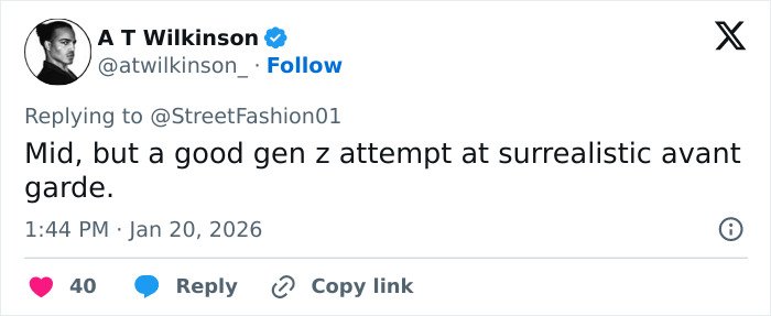 Screenshot of a Twitter reply critiquing Jaden Smith’s Christian Louboutin collection as a gen z avant-garde attempt.