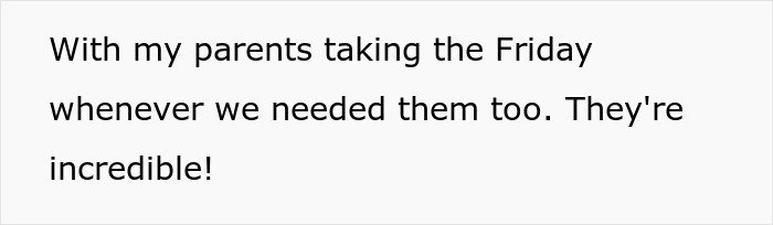 Text on image about parents helping with childcare, highlighting in-laws refused to help with childcare.