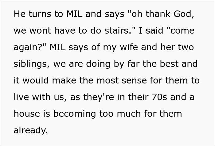 Text discussing in-laws refusing to help with childcare and now wanting to move in due to their age and house size.