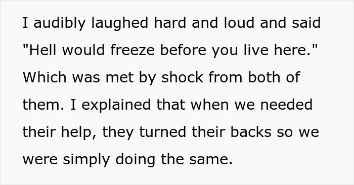 Text excerpt about in-laws refusing to help with childcare and being rejected when wanting to move in.