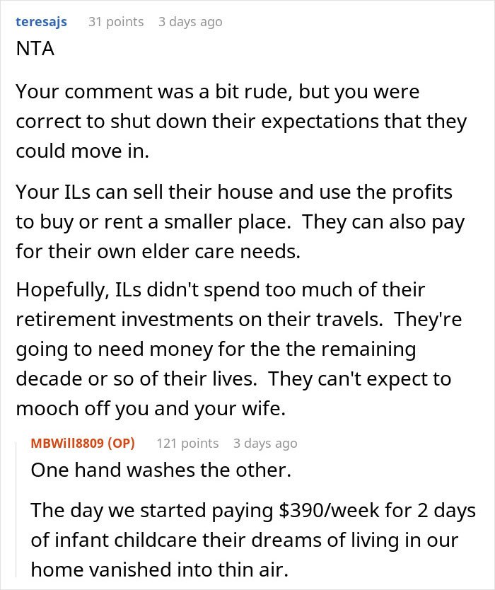 Reddit comment discussing in-laws refusing to help with childcare and expectations to move in rejected firmly.
