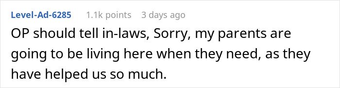 Comment text discussing in-laws refusing to help with childcare yet wanting to move in despite earlier lack of support.