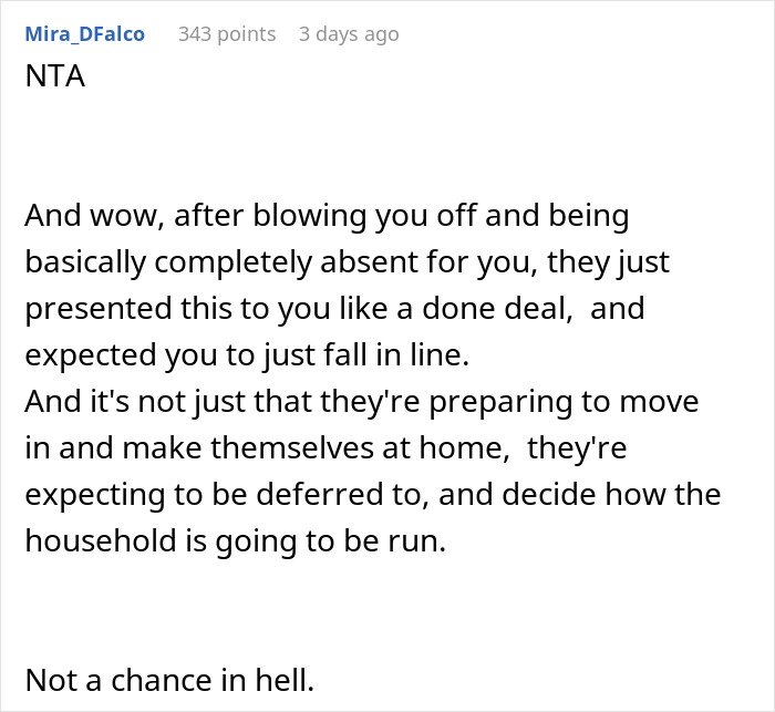 Comment explaining in-laws refused childcare help and now want to move in, causing household conflict and refusal.