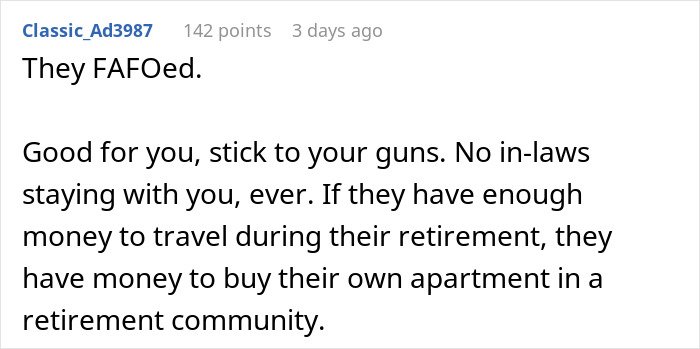 Alt text: Comment discussing in-laws refusing to help with childcare and not allowed to move in, emphasizing setting boundaries.