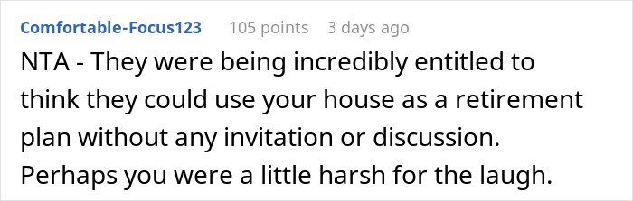 Screenshot of an online comment criticizing in-laws who refused to help with childcare but want to move in without invitation.