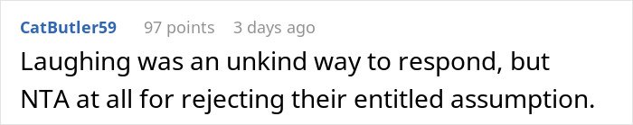 Screenshot of a Reddit comment rejecting in-laws’ assumption about childcare help and refusing them to move in.