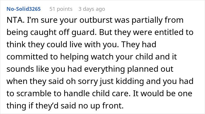 Reddit comment discussing in-laws refusing to help with childcare but expecting to move in unexpectedly.