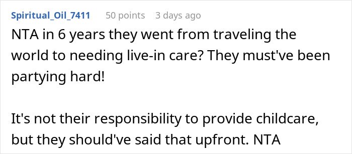 Screenshot of a social media comment discussing in-laws refusing childcare yet expecting to move in, causing family conflict.