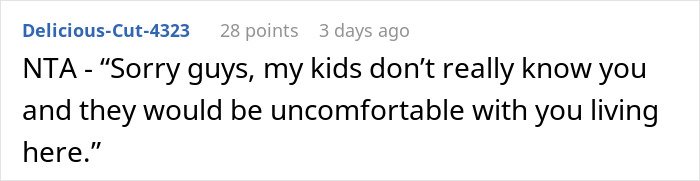Screenshot of a comment about in-laws refusing to help with childcare and wanting to move in being refused firmly.