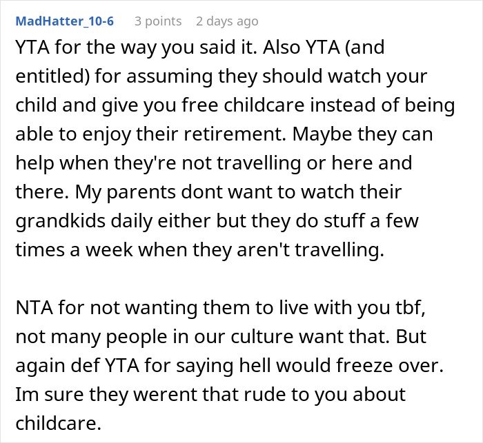 Comment discussing in-laws refusing to help with childcare and reacting to their request to move in together.