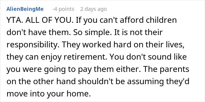 Comment discussing in-laws refusing to help with childcare and opposing moving into the home.