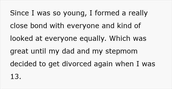 Text excerpt explaining why a woman shares having 7 parents, revealing her close bond before her dad and stepmom divorced.