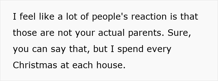 Text image showing a quote about reactions to having multiple parents and spending Christmas at each house, related to woman shares why she has 7 parents.