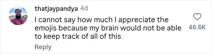 User comment on social media expressing appreciation for emojis helping to track complex conversations, related to woman with 7 parents.