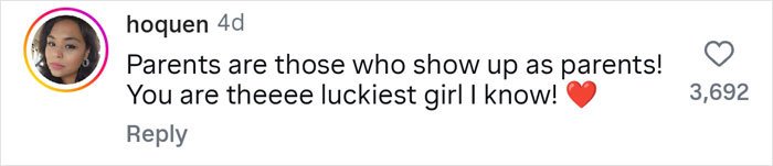 Comment from woman explaining why she has 7 parents, expressing gratitude and calling herself lucky with a heart emoji.